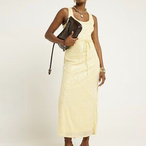 Yellow Sequin Tie Waist Slip Midi Dress